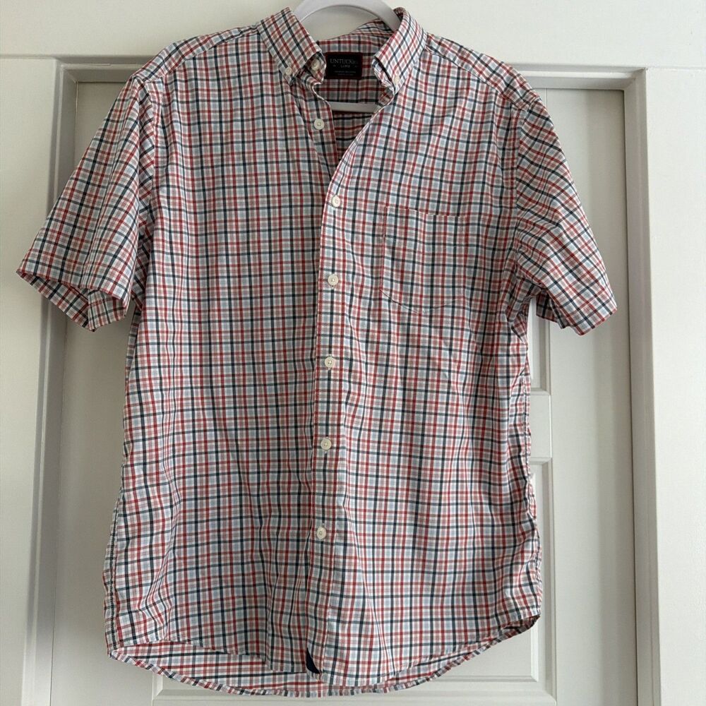 Untuckit Gaten Shirt Mens Large Short Sleeve Navy Red Checker